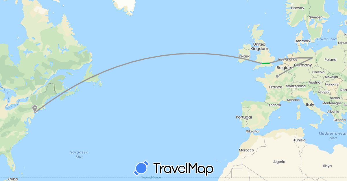 TravelMap itinerary: driving, bus, plane in Germany, France, United Kingdom, Netherlands, United States (Europe, North America)